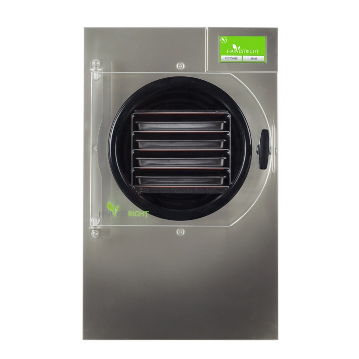 Front view of the stainless steel Harvest Right Small home freeze dryer with its tray rack visible